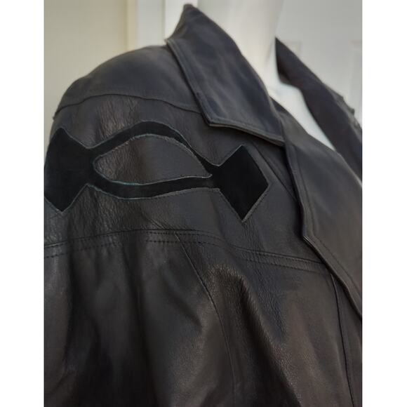 VTG Marco Morani Black Leather Trench Button Up Coat Suede Embellishments Size M - Picture 2 of 9